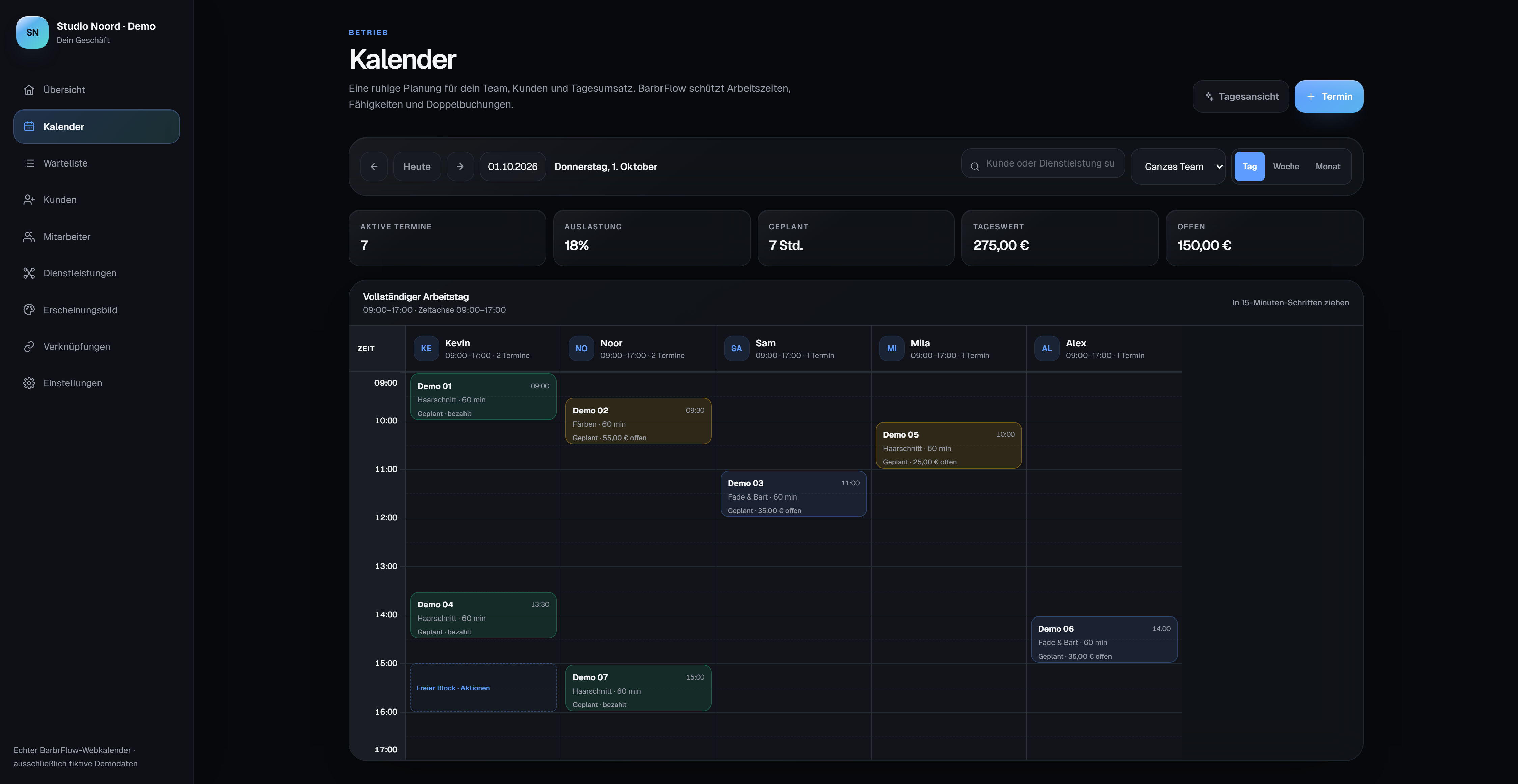 Echter BarbrFlow-Webkalender am Desktop · fiktive Demodaten.