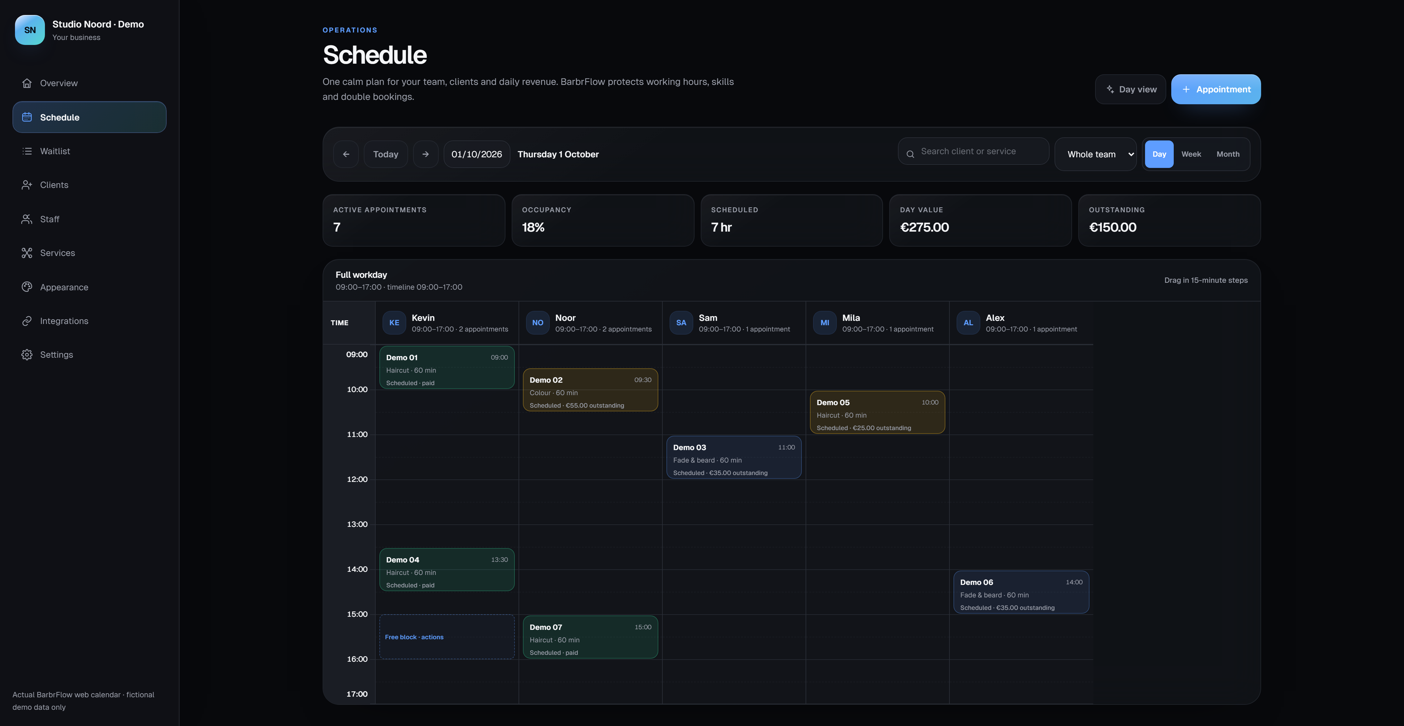 Actual BarbrFlow web calendar on desktop · fictional demo data.