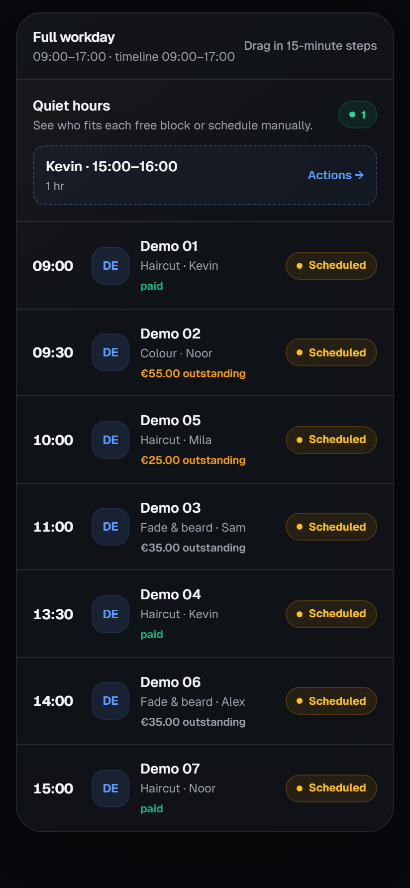 Actual BarbrFlow web calendar on phone · fictional demo data.